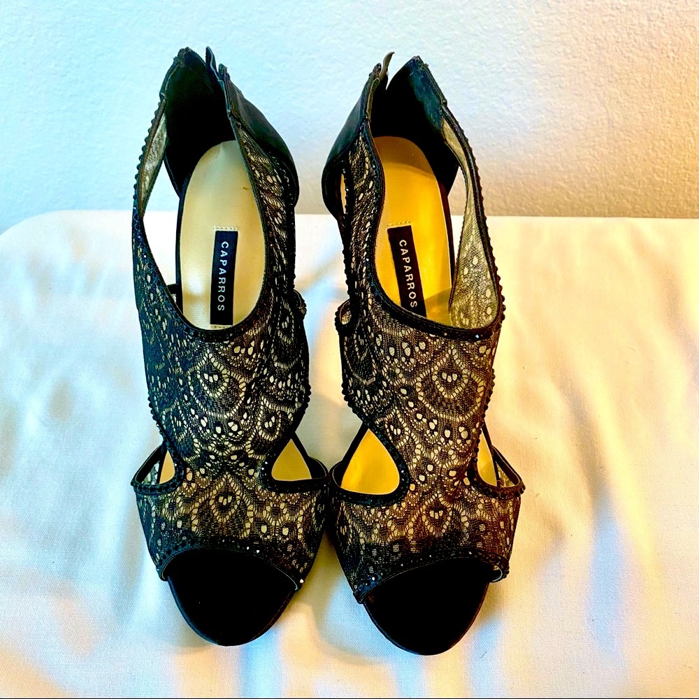 Sheer black lace look heeled dress shoe 8 1/5